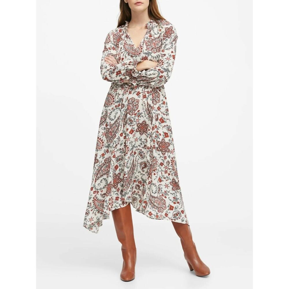 Banana Republic Rayon Paisley Midi Dress SZ 16 | Boho Asymmetric Puff Sleeve